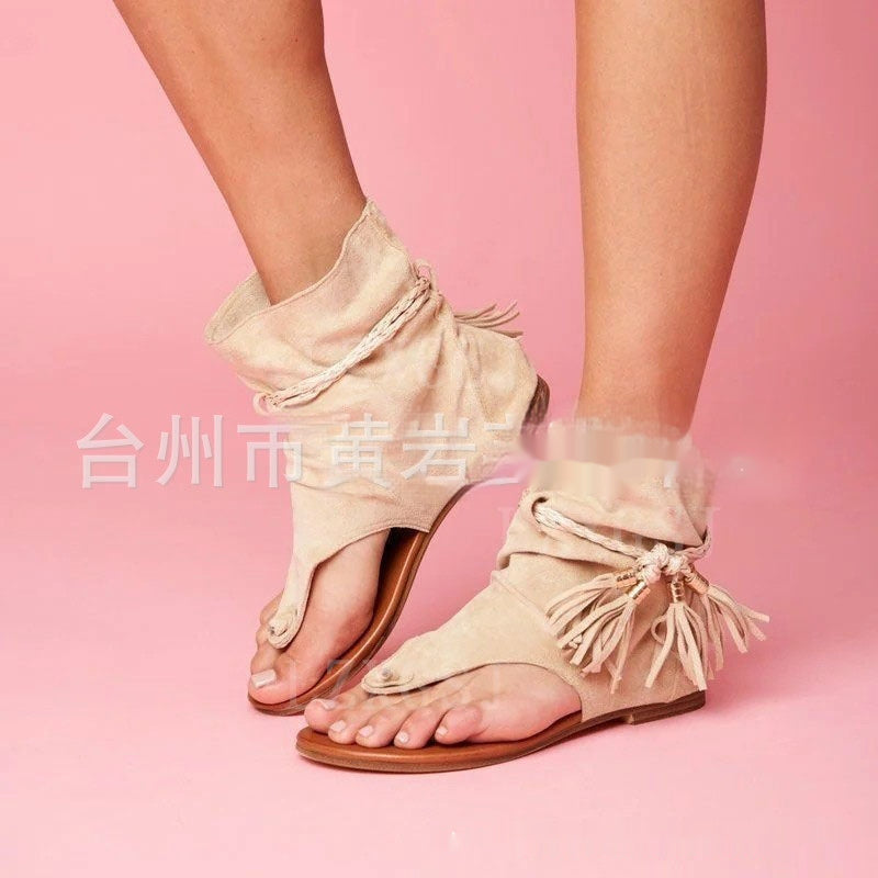 Plus Size Sandal Female Retro Flat Bottom Tassel Clip Toe