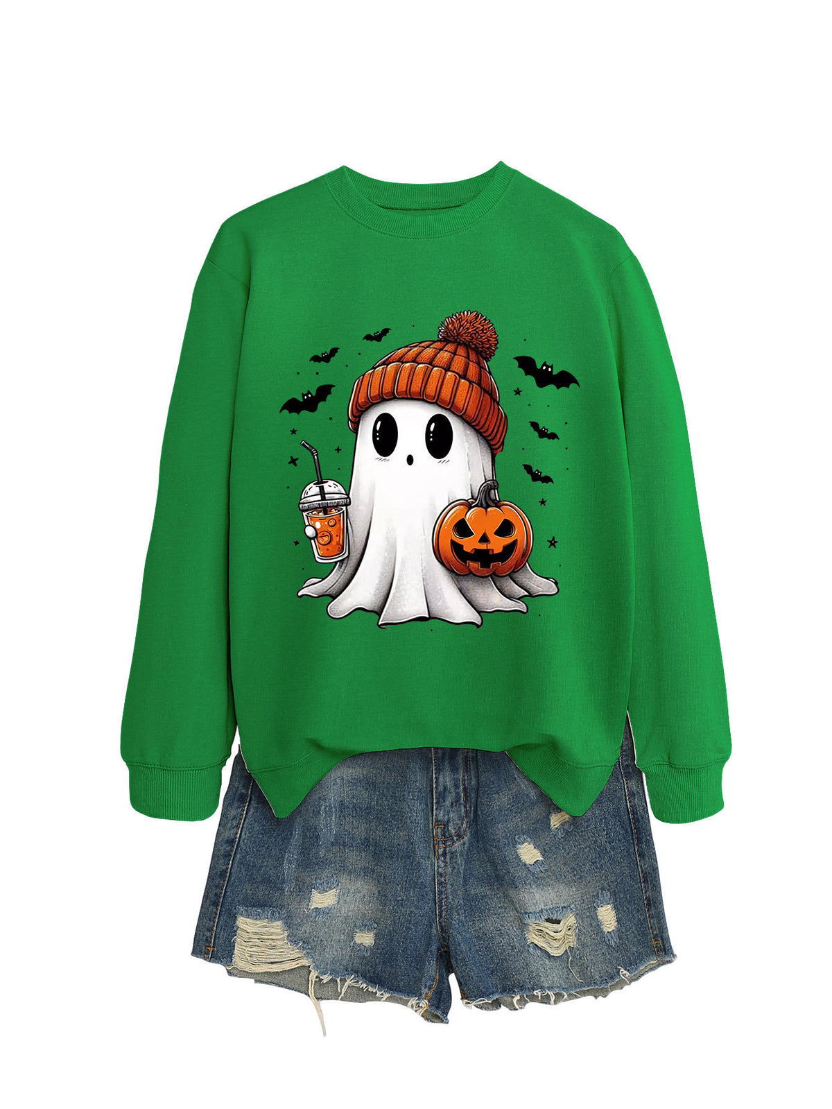 Fashion Long Sleeve Milk Tea Pumpkin Bat Printed Crew Neck Sweatshirt