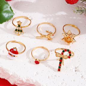 6pcs Santa Claus Christmas Tree Elk Rings Cute Cartoon Christmas Open Adjustable Ring Oil Drop Jewelry