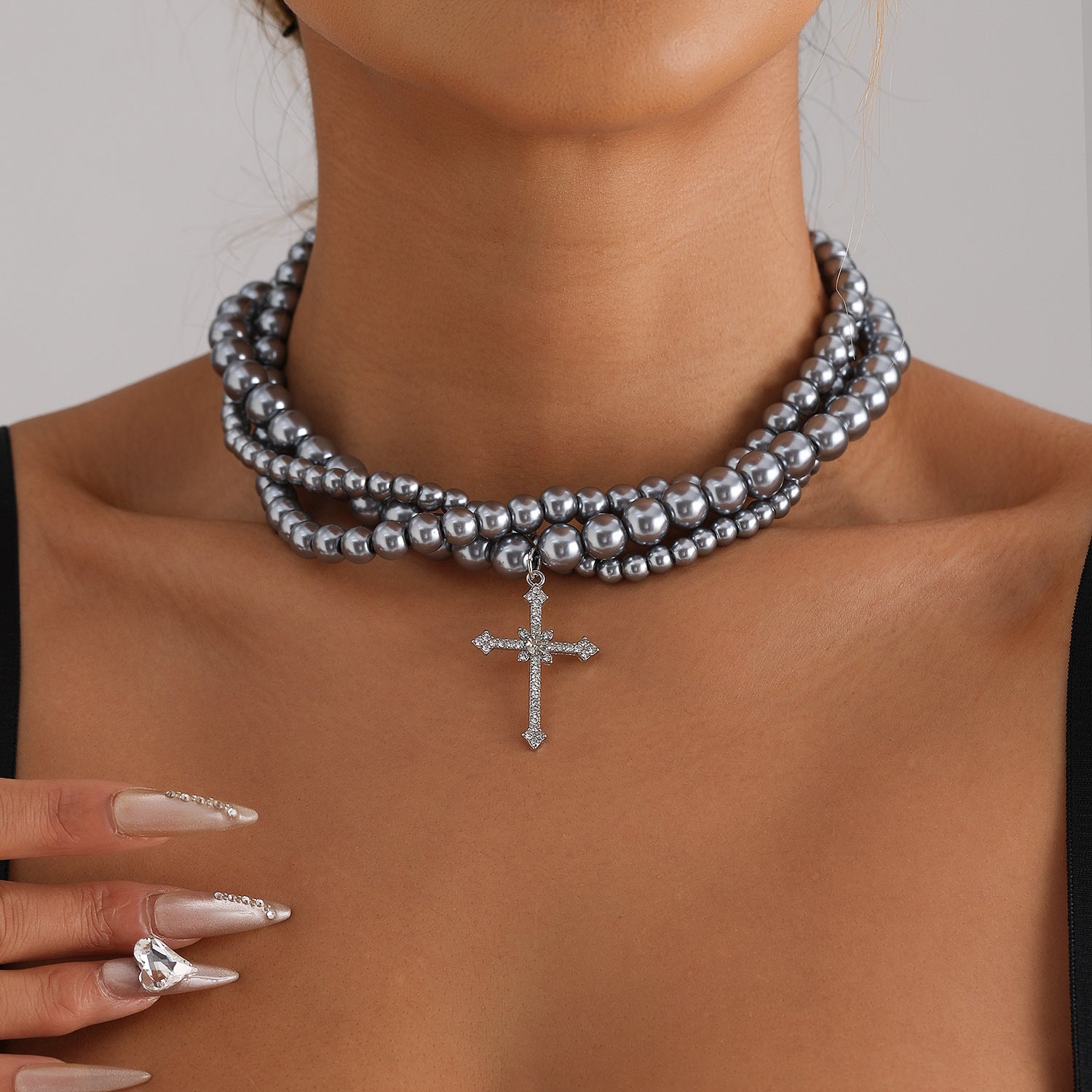 Clavicle Chain Painted Glass Beaded Diamond Cross Multi-layer Necklace