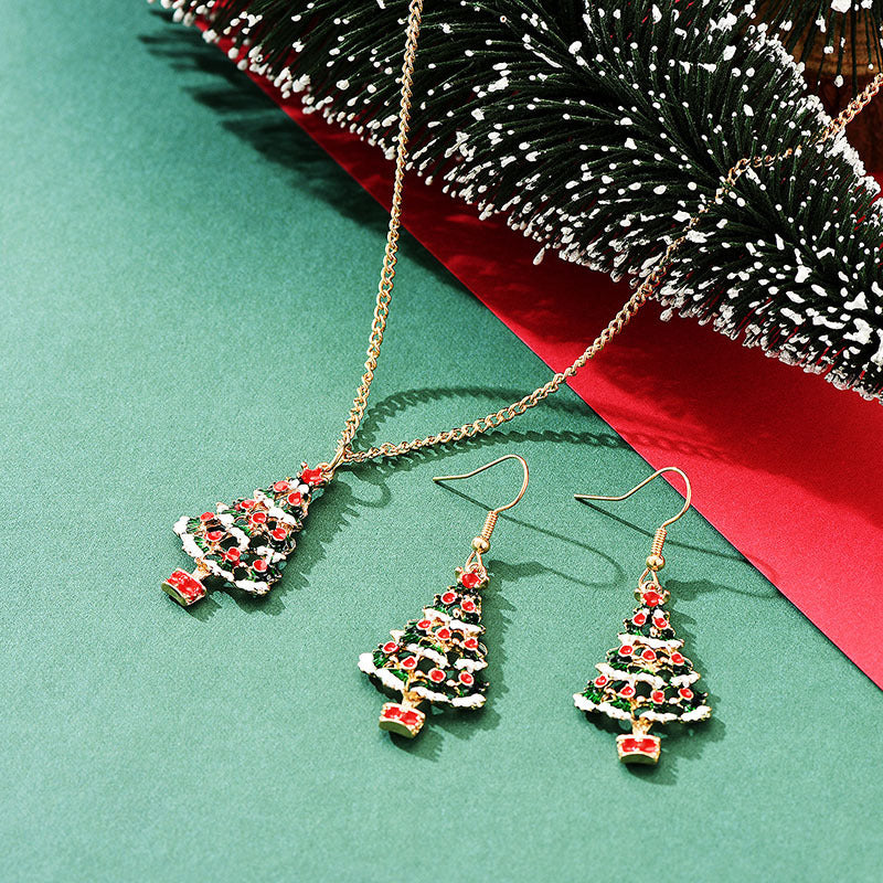 Oil Dripping Colorful Christmas Tree Christmas Gift Earring Necklace Set