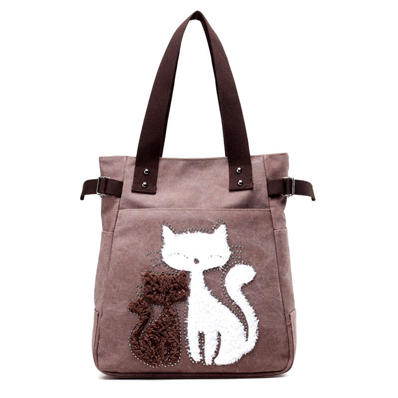 KVKY Women Canvas Bag Handbag Famous Brand Shoulder Bags Femal Canvas Bags with Cute Plush Cat Appliques Beach Bag Sac A Main