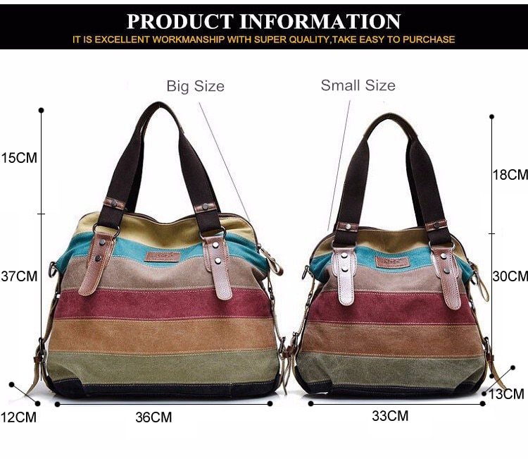 KVKY Brand Fashion Canvas Bag Brand Women Handbag Classic Patchwork Casual Female Shoulder Bags Striped Rainbow Purse Pouch