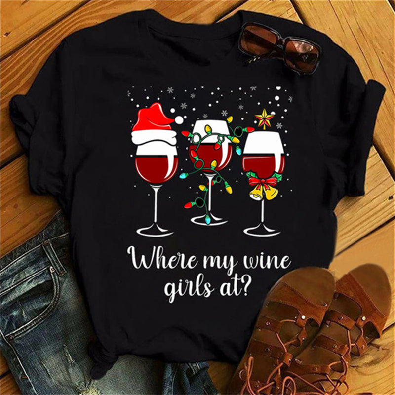 Christmas Wine Glasses Men And Women Couple Red T-shirt