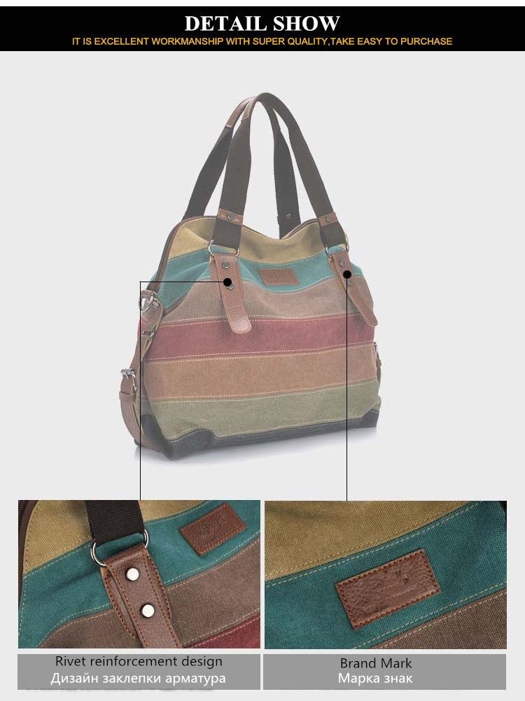 KVKY Brand Fashion Canvas Bag Brand Women Handbag Classic Patchwork Casual Female Shoulder Bags Striped Rainbow Purse Pouch