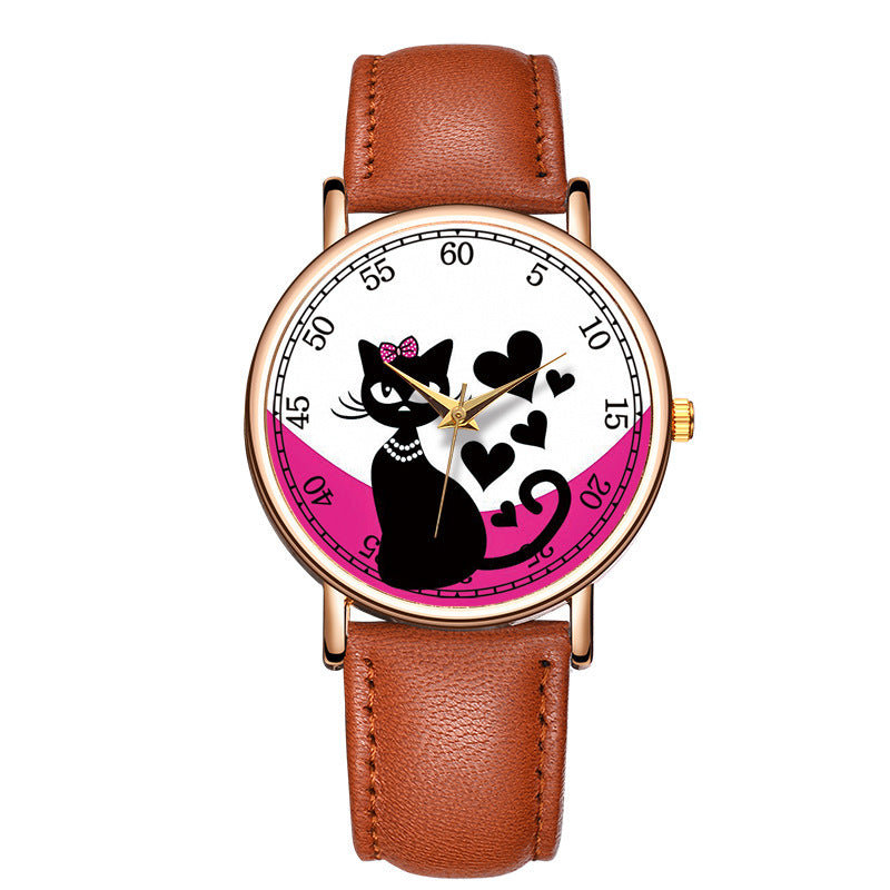 Cat playful quartz watch fashion cute casual rose gold shell powder watch