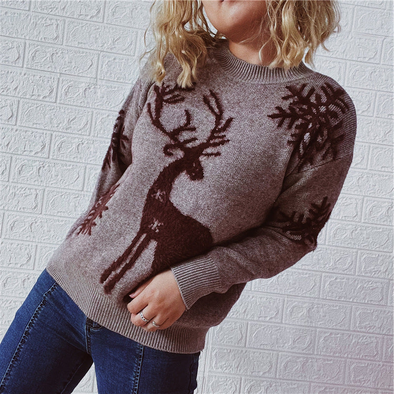 Women's Fashion Round Neck Long Sleeve Knitted Christmas Sweater