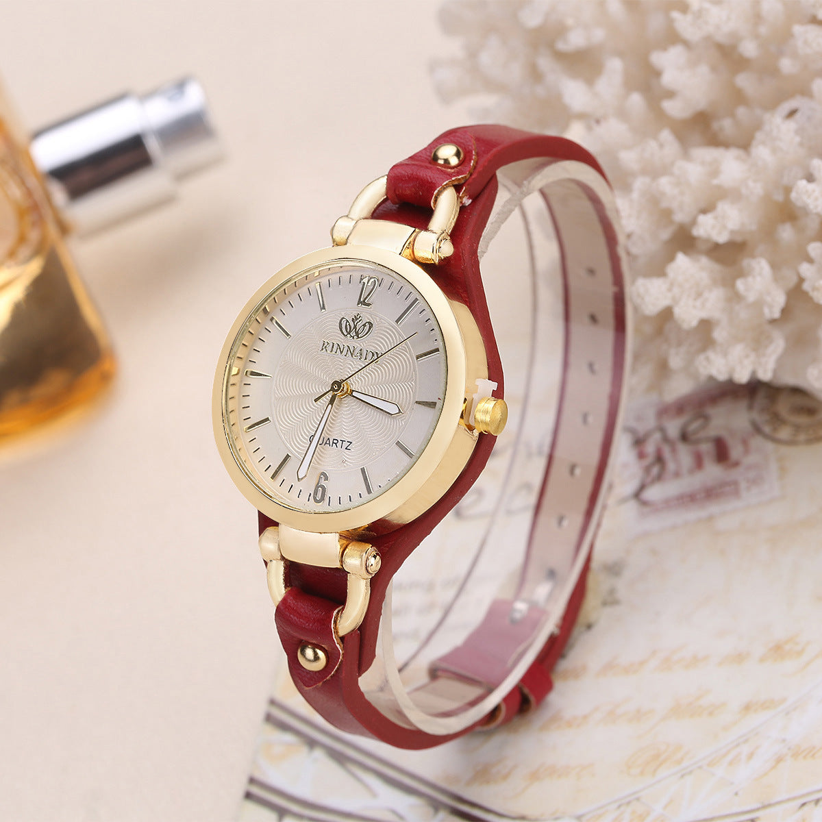 Quartz watch ladies  leather strap solid color