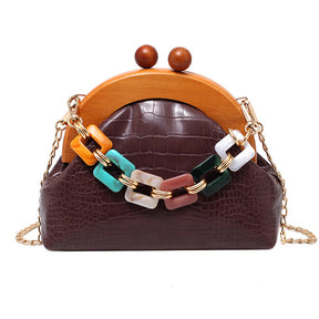 Bags Women'S Trendy Fashion Art Fan Guofeng Bags Ethnic Chain Bags Portable Wooden Pu Women'S Bags