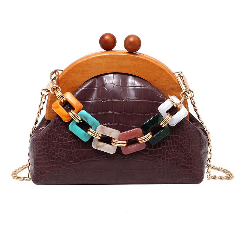 Bags Women'S Trendy Fashion Art Fan Guofeng Bags Ethnic Chain Bags Portable Wooden Pu Women'S Bags