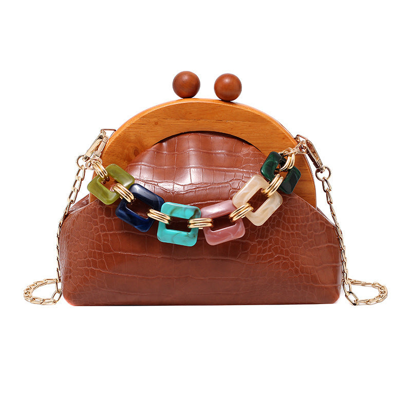 Bags Women'S Trendy Fashion Art Fan Guofeng Bags Ethnic Chain Bags Portable Wooden Pu Women'S Bags