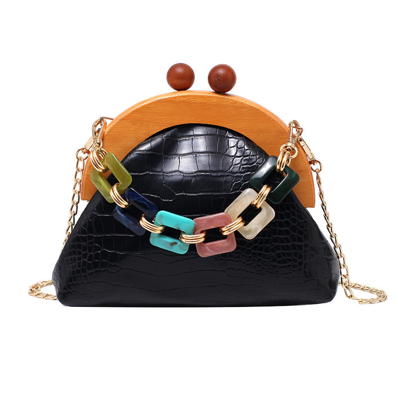 Bags Women'S Trendy Fashion Art Fan Guofeng Bags Ethnic Chain Bags Portable Wooden Pu Women'S Bags