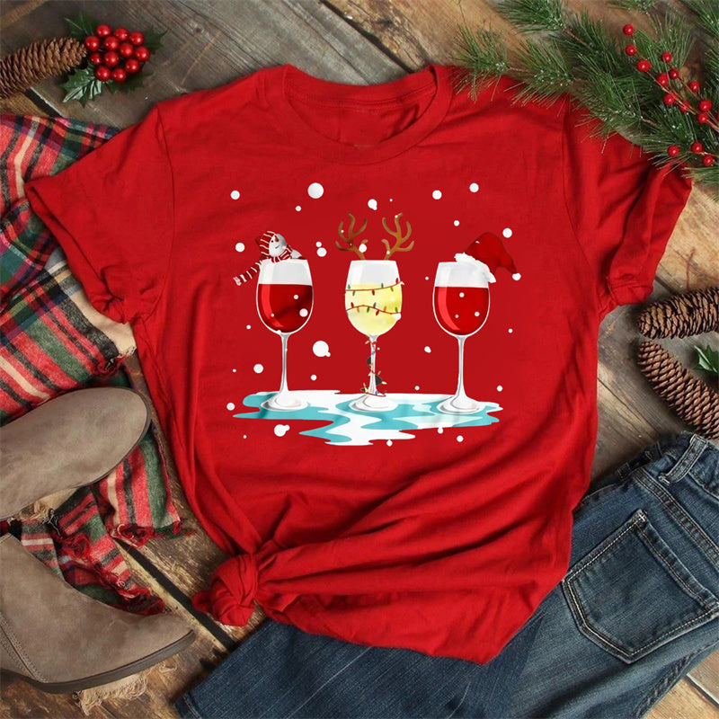 Christmas Wine Glasses Men And Women Couple Red T-shirt