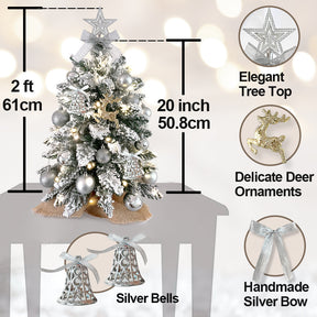 2ft Mini Christmas Tree With Light Artificial Small Tabletop Christmas Decoration With Flocked Snow, Exquisite Decor & Xmas Ornaments For Table Top For Home & Office