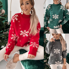 Fall Winter Women's Christmas Sweater Knitted Fluffy Loose Casual Christmas Snowflake Print Long Sleeves Pullovers Tops Streetwear