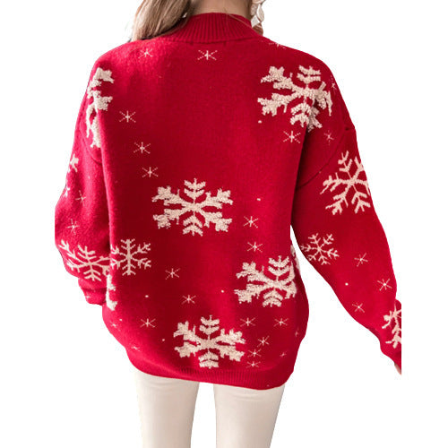 Fall Winter Women's Christmas Sweater Knitted Fluffy Loose Casual Christmas Snowflake Print Long Sleeves Pullovers Tops Streetwear