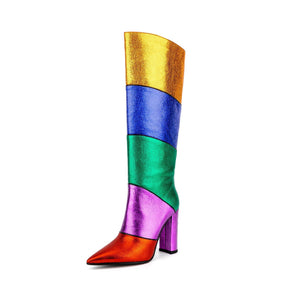 Tribal Card Metal Rainbow Color-blocking Pointed Chunky Heel Middle Boots