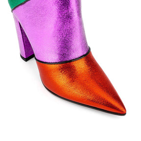 Tribal Card Metal Rainbow Color-blocking Pointed Chunky Heel Middle Boots