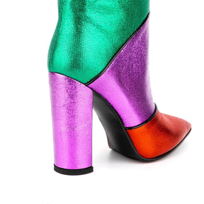 Tribal Card Metal Rainbow Color-blocking Pointed Chunky Heel Middle Boots