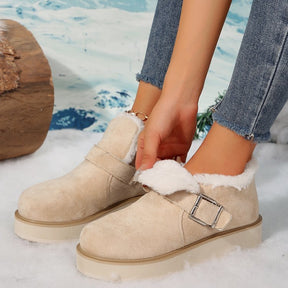 Winter Buckle Snow Boots Fashion Flat Thick-soled Cotton Shoes Round Toe Plus Velvet Warm Ankle Boot For Women