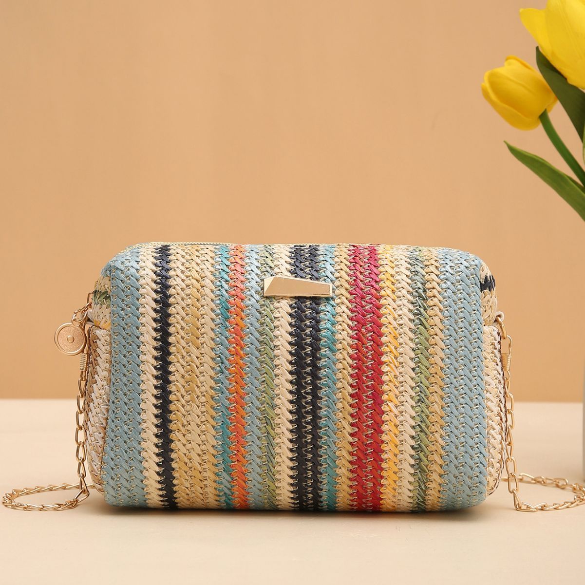 Rainbow Straw Bag Woven Camera Bag All-match Girls Crossbody Bag