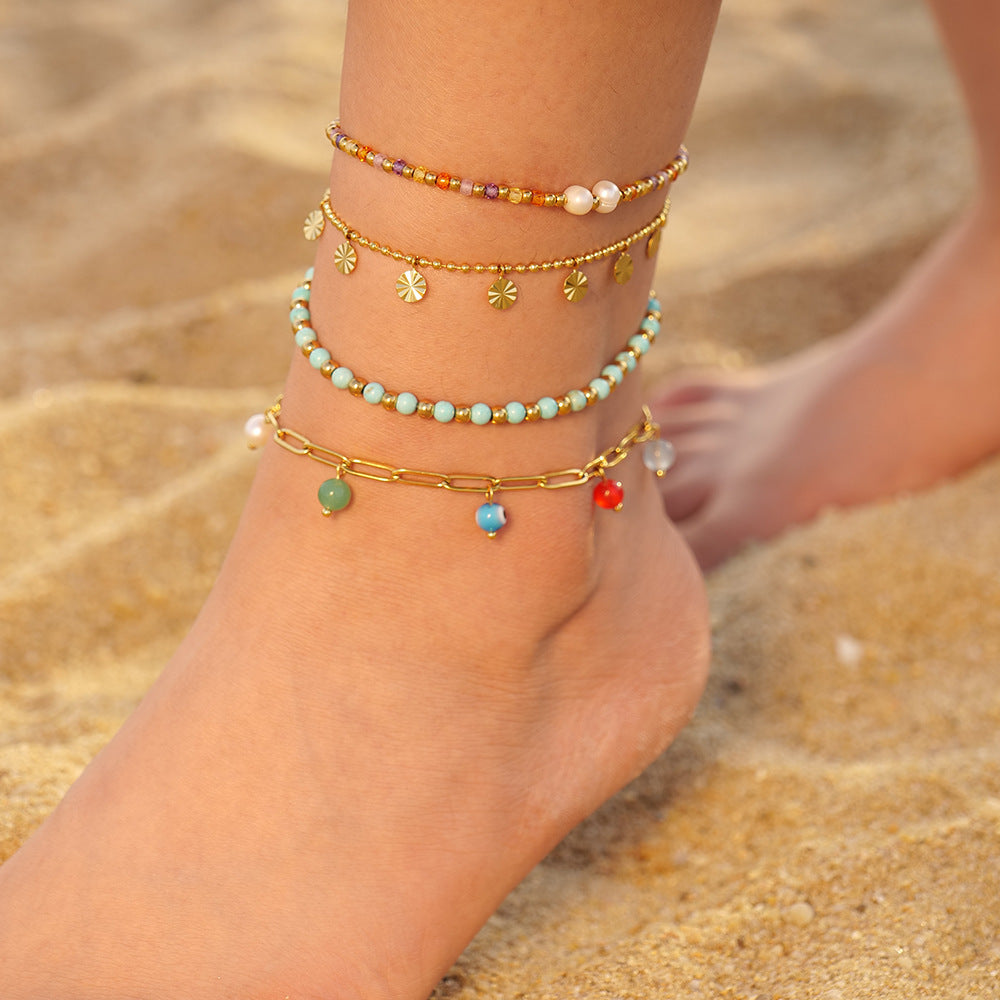 Beach Versatile Women's Simple Bohemian Color Bead Anklet Bohemian Style Foot Ornaments