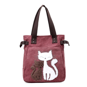 KVKY Women Canvas Bag Handbag Famous Brand Shoulder Bags Femal Canvas Bags with Cute Plush Cat Appliques Beach Bag Sac A Main