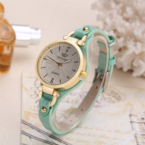 Quartz watch ladies  leather strap solid color