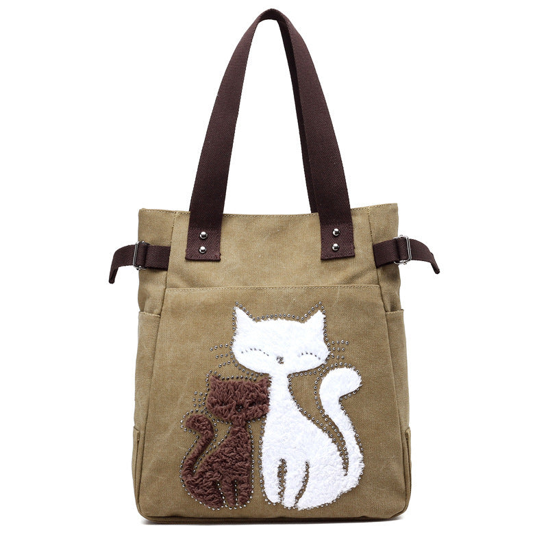 KVKY Women Canvas Bag Handbag Famous Brand Shoulder Bags Femal Canvas Bags with Cute Plush Cat Appliques Beach Bag Sac A Main