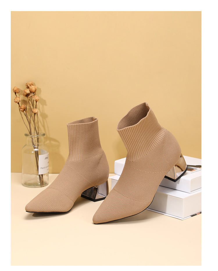 Women's Fashion High Heel Pointed Toe Chunky Heel Stretch Knitted Boots