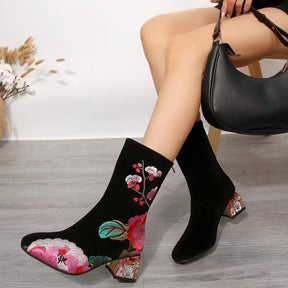 Flower Mid-calf Vintage Embroidery Autumn And Winter Women's Boots