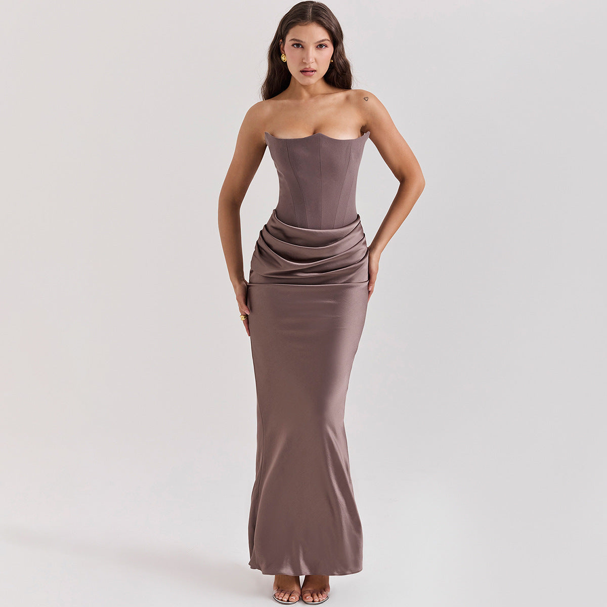 Fishbone Bandeau Slim-fit Backless Autumn And Winter Velvet Dress Black Evening Gown