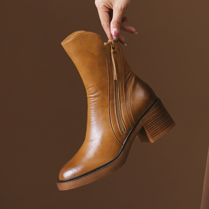 Thick Heel Brown Ankle Boots British Style Handsome