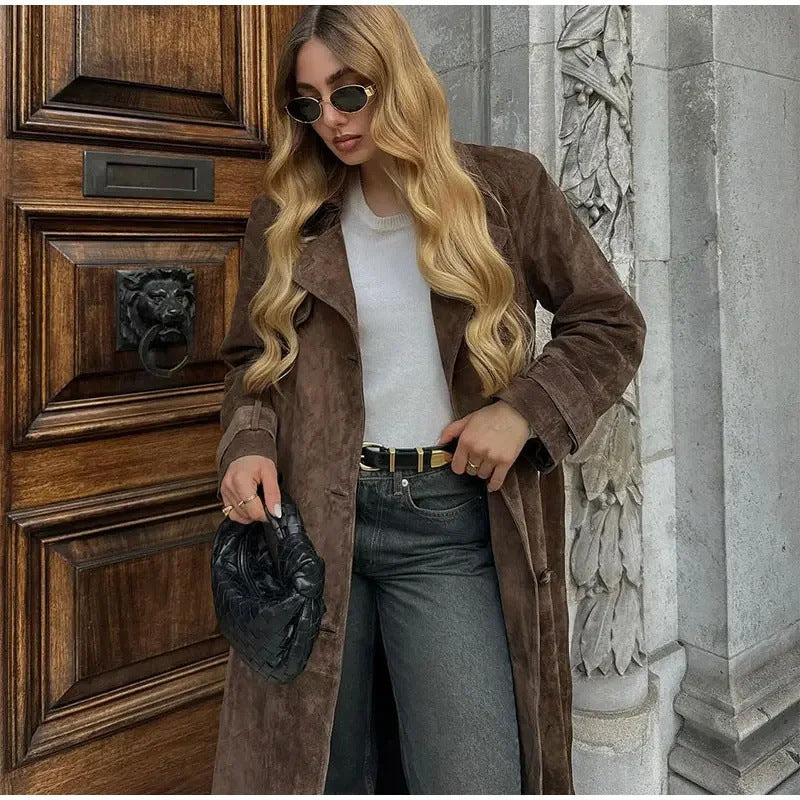 Double Breasted Lapel Shift Coat With Belt Fashion Vintage Suede Long Coat Winter Outwear Women's Clothing