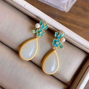 Natural White Jade Drop-shaped Women's Long Earrings