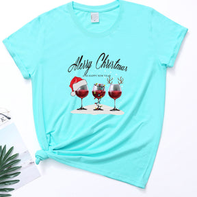 Christmas Three Wine Glasses Print Short Sleeve