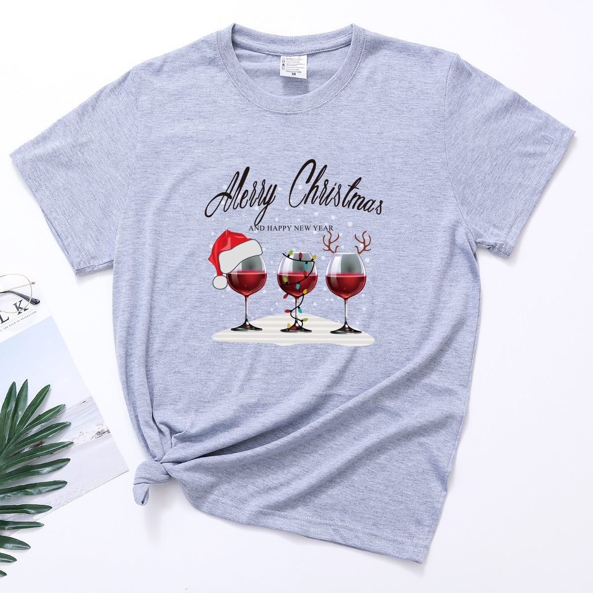 Christmas Three Wine Glasses Print Short Sleeve