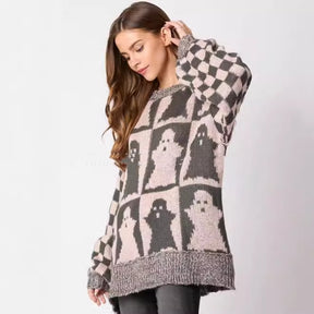 Women's Pullovers Halloween Ghost Plaid Crew Neck Sweater