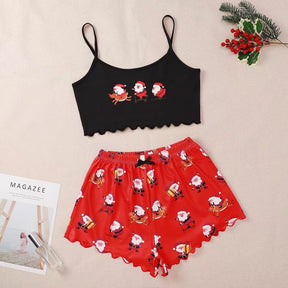 Christmas European And American Thin Pajamas Women's Sleeveless Shorts Milk Silk Simple Casual Two-piece Suit Homewear