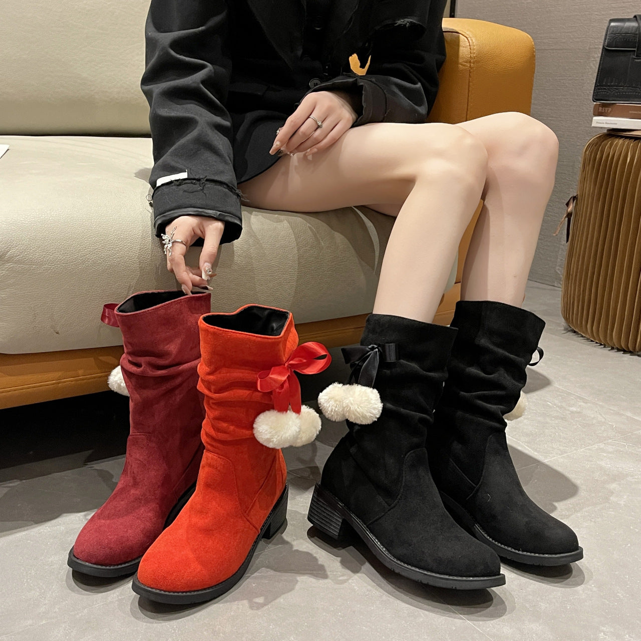 Cross-border European And American Large Size Thick Heel Round Toe Mid-calf Retro Smoke Pipe Boots For Women