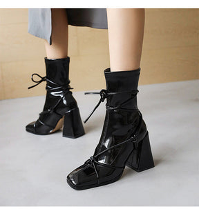 European And American Lace Up Thick High Heel Square Head Women's Ankle Boots G682