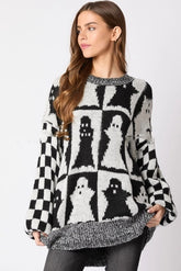 Women's Pullovers Halloween Ghost Plaid Crew Neck Sweater