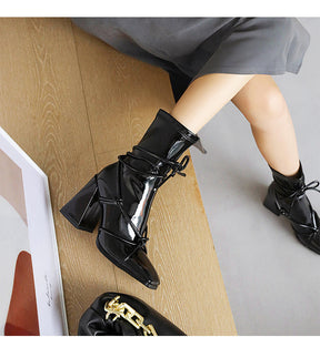 European And American Lace Up Thick High Heel Square Head Women's Ankle Boots G682