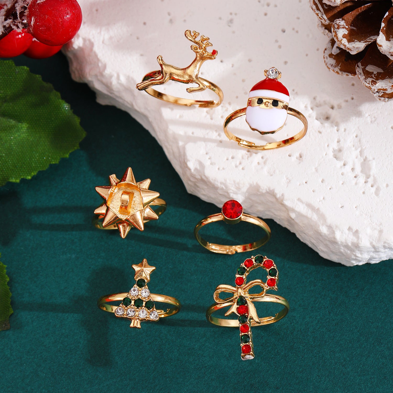 6pcs Santa Claus Christmas Tree Elk Rings Cute Cartoon Christmas Open Adjustable Ring Oil Drop Jewelry