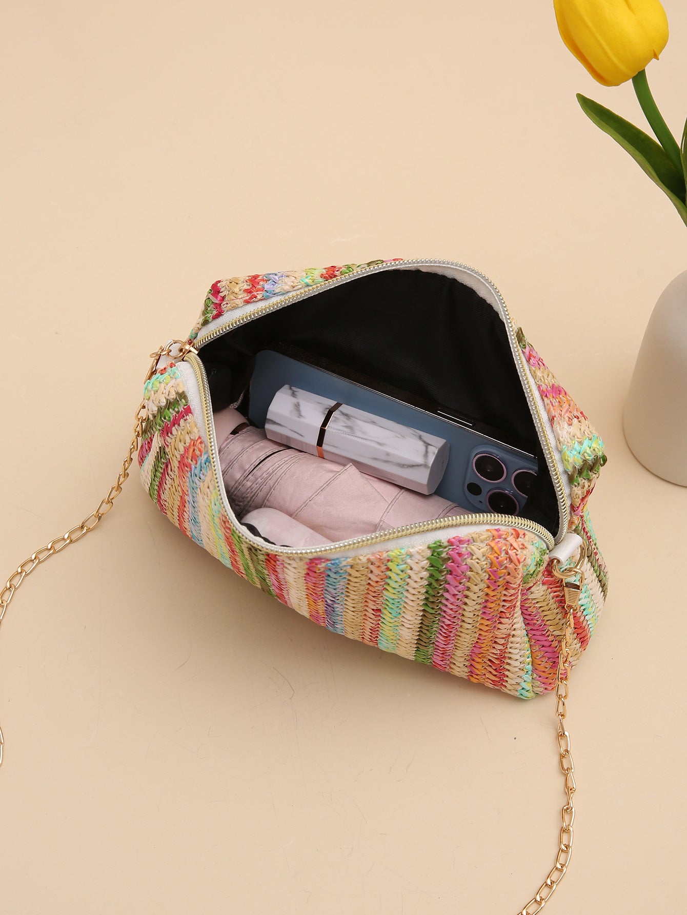 Rainbow Straw Bag Woven Camera Bag All-match Girls Crossbody Bag