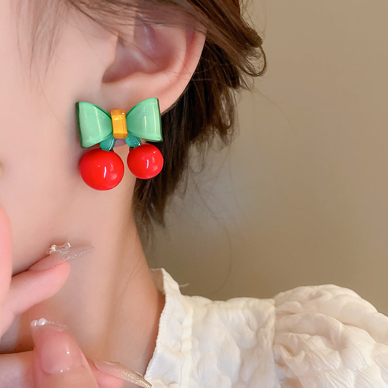 Cute Contrast Color Bow Cherry Silver Stud Earrings