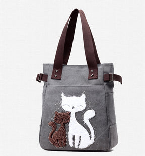 KVKY Women Canvas Bag Handbag Famous Brand Shoulder Bags Femal Canvas Bags with Cute Plush Cat Appliques Beach Bag Sac A Main