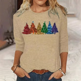 Women's Long-sleeved T-shirt Christmas Tree Printed Round Neck Loose Casual