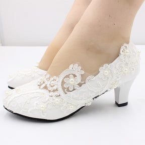 New Lace High Wedding Shoes With White Low Heels