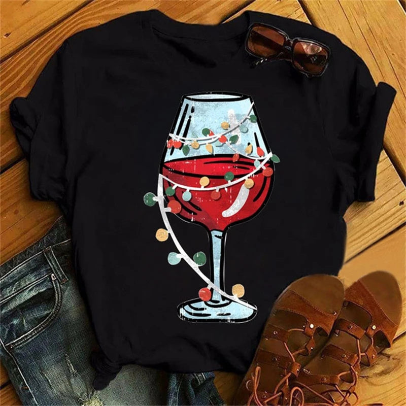 Christmas Wine Glasses Men And Women Couple Red T-shirt